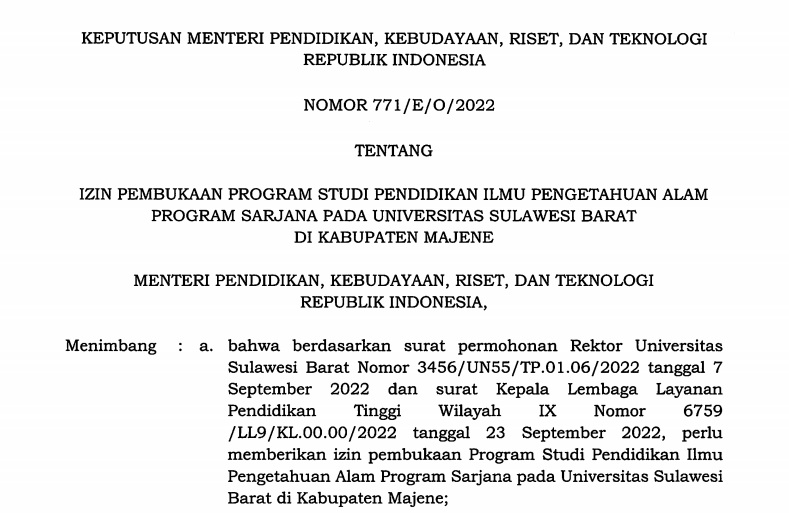 Prodi Pendidikan IPA FKIP Unsulbar Raih Izin Kemdikbudristek